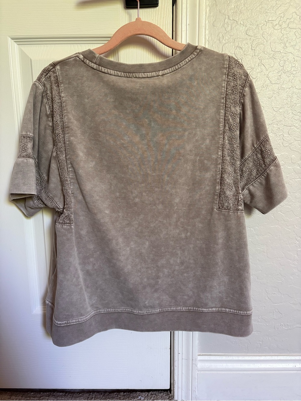Jane and Delancey Washed Taupe Short Sleeve Top with Eyelet Trim - Picture 2 of 2